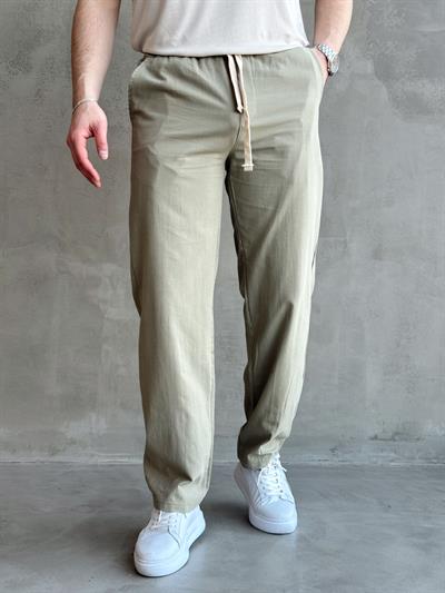 Erkek Yüksek Kalite Beli Lastikli Baggy Kalıp Keten Karışımlı Pantolon-Haki(E1618)