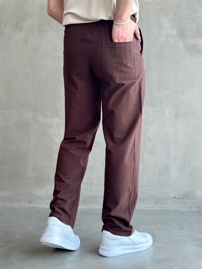 Erkek Yüksek Kalite Beli Lastikli Baggy Kalıp Keten Karışımlı Pantolon-Kahverengi(E1618)