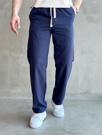 Erkek Yüksek Kalite Beli Lastikli Baggy Kalıp Keten Karışımlı Pantolon-Lacivert(E1618)