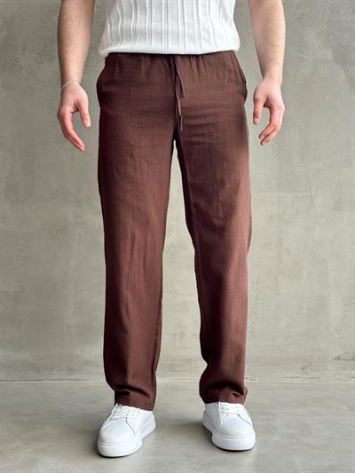 Erkek Yüksek Kalite Beli Lastikli Baggy Kalıp Flamlı Keten Pantolon-Kahverengi(E1616)