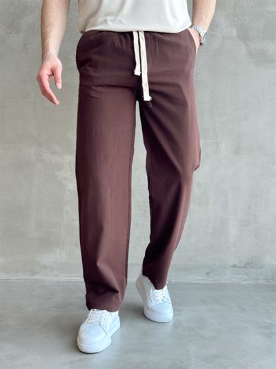 Erkek Yüksek Kalite Beli Lastikli Baggy Kalıp Keten Karışımlı Pantolon-Kahverengi(E1618)