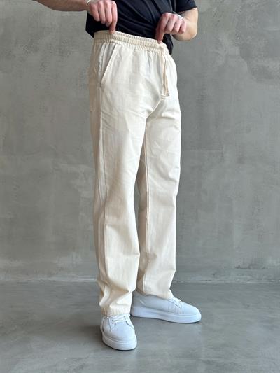 Erkek Yüksek Kalite Beli Lastikli Baggy Kalıp Keten Karışımlı Pantolon-Bej(E1618)