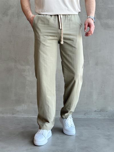 Erkek Yüksek Kalite Beli Lastikli Baggy Kalıp Keten Karışımlı Pantolon-Haki(E1618)
