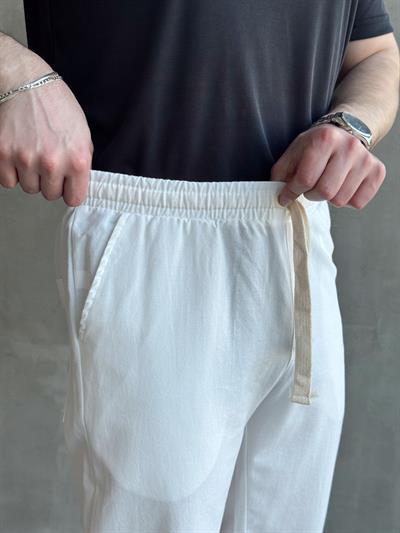 Erkek Yüksek Kalite Beli Lastikli Baggy Kalıp Keten Karışımlı Pantolon-Beyaz(E1618)