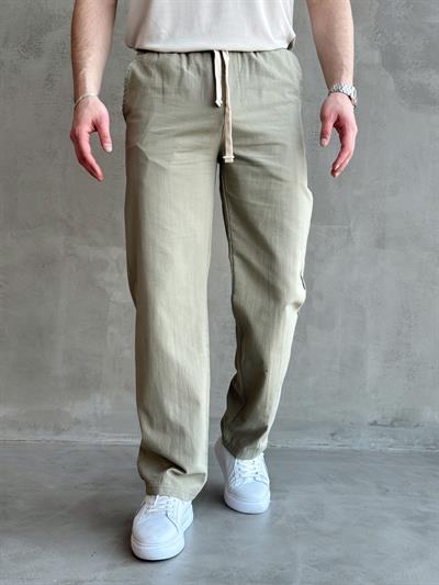 Erkek Yüksek Kalite Beli Lastikli Baggy Kalıp Keten Karışımlı Pantolon-Haki(E1618)