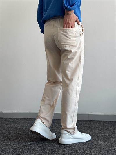 Erkek Yüksek Kalite Beli Lastikli Baggy Kalıp Keten Pantolon-Bej(E1334)