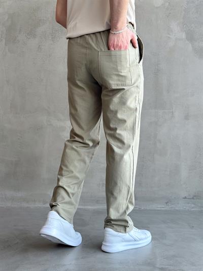 Erkek Yüksek Kalite Beli Lastikli Baggy Kalıp Keten Karışımlı Pantolon-Haki(E1618)