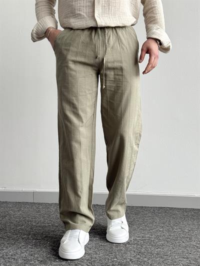 Erkek Yüksek Kalite Beli Lastikli Halat Densenli Baggy Keten Pantolon-Haki(E1348)