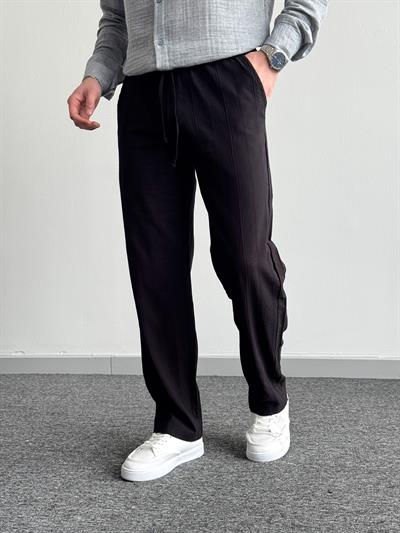 Erkek Yüksek Kalite Beli Lastikli Halat Densenli Baggy Keten Pantolon-Siyah(E1348)