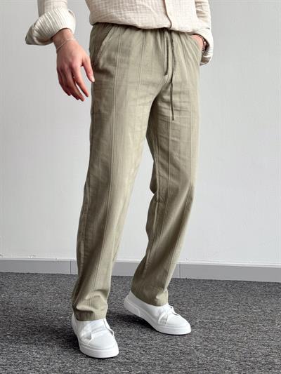 Erkek Yüksek Kalite Beli Lastikli Halat Densenli Baggy Keten Pantolon-Haki(E1348)