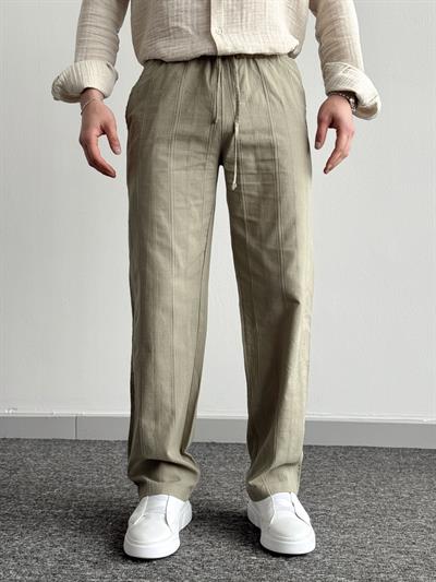 Erkek Yüksek Kalite Beli Lastikli Halat Densenli Baggy Keten Pantolon-Haki(E1348)