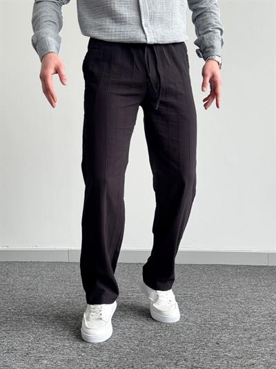 Erkek Yüksek Kalite Beli Lastikli Halat Densenli Baggy Keten Pantolon-Siyah(E1348)