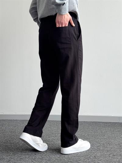 Erkek Yüksek Kalite Beli Lastikli Halat Densenli Baggy Keten Pantolon-Siyah(E1348)