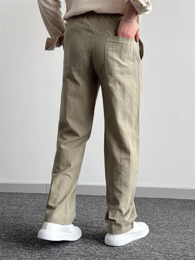 Erkek Yüksek Kalite Beli Lastikli Halat Densenli Baggy Keten Pantolon-Haki(E1348)