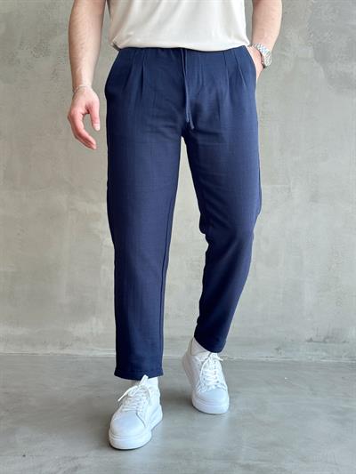 Erkek Yüksek Kalite Beli Lastikli Pile Detaylı Duble Paça Boyfriend Kalıp Keten Pantolon-Lacivert(E1615)