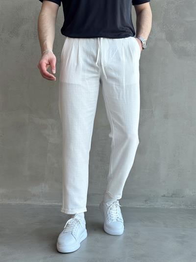 Erkek Yüksek Kalite Beli Lastikli Pile Detaylı Duble Paça Boyfriend Kalıp Keten Pantolon-Beyaz(E1615)