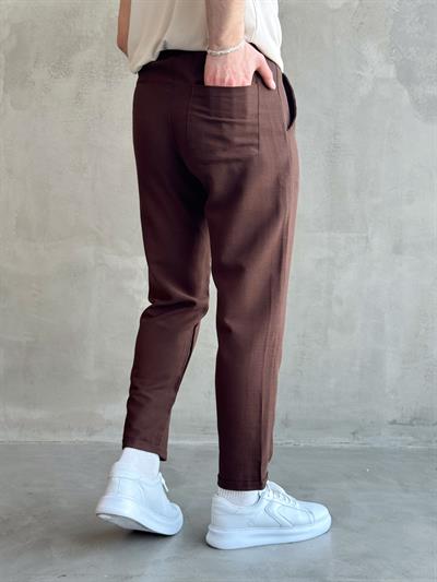 Erkek Yüksek Kalite Beli Lastikli Pile Detaylı Duble Paça Boyfriend Kalıp Keten Pantolon-Kahverengi(E1615)