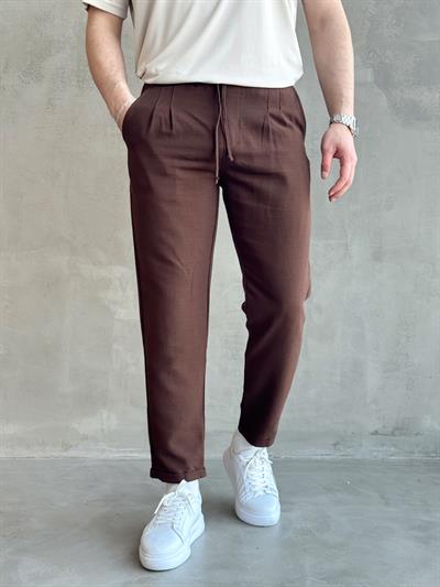 Erkek Yüksek Kalite Beli Lastikli Pile Detaylı Duble Paça Boyfriend Kalıp Keten Pantolon-Kahverengi(E1615)