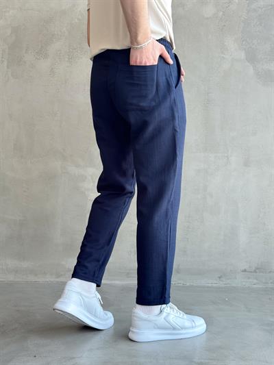 Erkek Yüksek Kalite Beli Lastikli Pile Detaylı Duble Paça Boyfriend Kalıp Keten Pantolon-Lacivert(E1615)