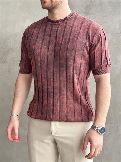 Erkek Yüksek Kalite Bisiklet Yaka Çizgi Detaylı Triko T-Shirt-Bordo(E1611)