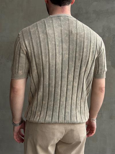 Erkek Yüksek Kalite Bisiklet Yaka Çizgi Detaylı Triko T-Shirt-Bej(E1611)