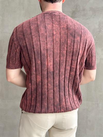 Erkek Yüksek Kalite Bisiklet Yaka Çizgi Detaylı Triko T-Shirt-Bordo(E1611)