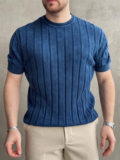 Erkek Yüksek Kalite Bisiklet Yaka Çizgi Detaylı Triko T-Shirt-Lacivert(E1611)