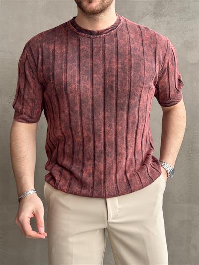 Erkek Yüksek Kalite Bisiklet Yaka Çizgi Detaylı Triko T-Shirt-Bordo(E1611)