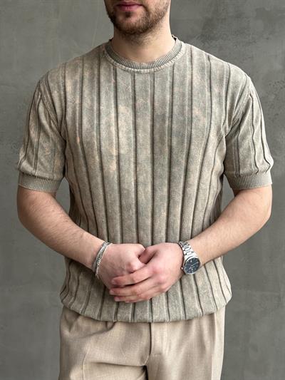 Erkek Yüksek Kalite Bisiklet Yaka Çizgi Detaylı Triko T-Shirt-Bej(E1611)