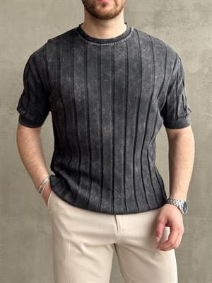 Erkek Yüksek Kalite Bisiklet Yaka Çizgi Detaylı Triko T-Shirt-Siyah(E1611)