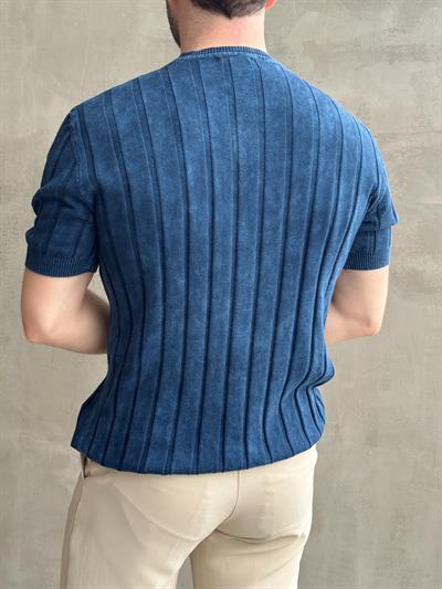 Erkek Yüksek Kalite Bisiklet Yaka Çizgi Detaylı Triko T-Shirt-Lacivert(E1611)