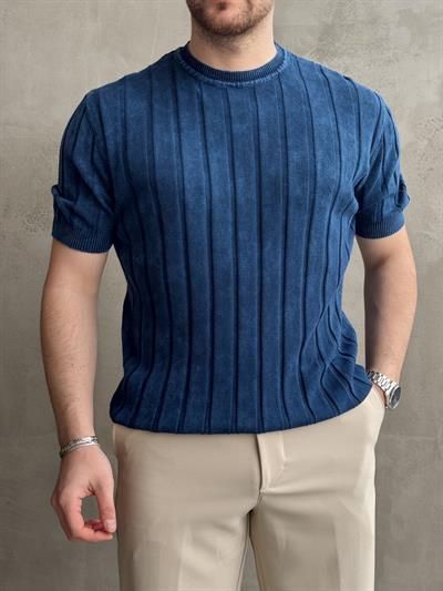Erkek Yüksek Kalite Bisiklet Yaka Çizgi Detaylı Triko T-Shirt-Lacivert(E1611)