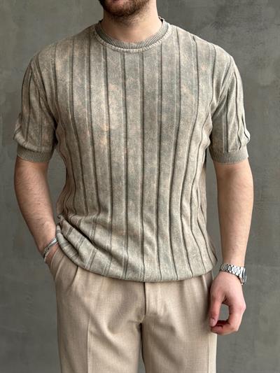 Erkek Yüksek Kalite Bisiklet Yaka Çizgi Detaylı Triko T-Shirt-Bej(E1611)