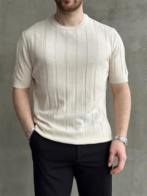 Erkek Yüksek Kalite Bisiklet Yaka Şerit Detaylı Oversize Kalıp Triko T-Shirt-Bej(E1613)