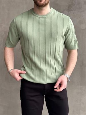 Erkek Yüksek Kalite Bisiklet Yaka Şerit Detaylı Oversize Kalıp Triko T-Shirt-Mint(E1613)