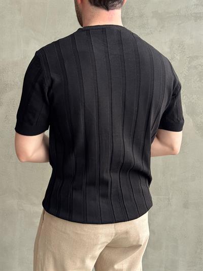 Erkek Yüksek Kalite Bisiklet Yaka Şerit Detaylı Oversize Kalıp Triko T-Shirt-Siyah(E1613)