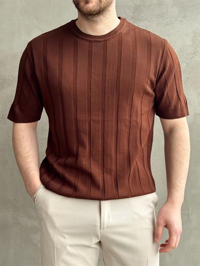 Erkek Yüksek Kalite Bisiklet Yaka Şerit Detaylı Oversize Kalıp Triko T-Shirt-Kahverengi(E1613)