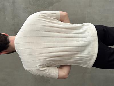 Erkek Yüksek Kalite Bisiklet Yaka Şerit Detaylı Oversize Kalıp Triko T-Shirt-Bej(E1613)