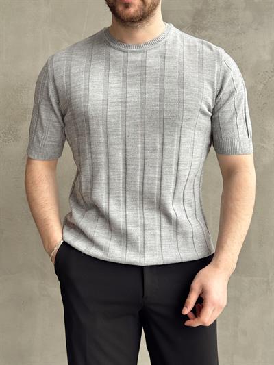 Erkek Yüksek Kalite Bisiklet Yaka Şerit Detaylı Oversize Kalıp Triko T-Shirt-Gri(E1613)