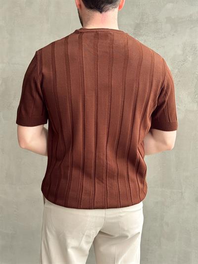 Erkek Yüksek Kalite Bisiklet Yaka Şerit Detaylı Oversize Kalıp Triko T-Shirt-Kahverengi(E1613)