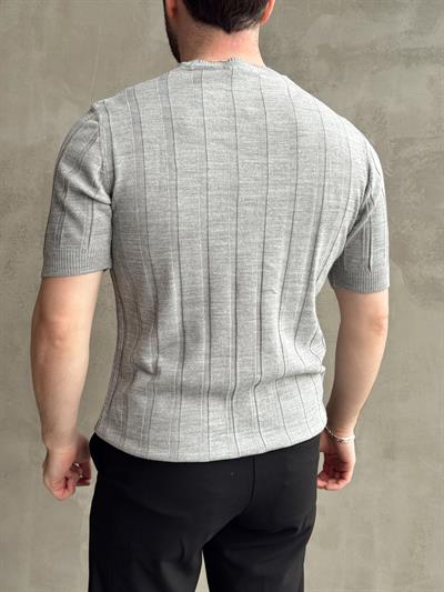 Erkek Yüksek Kalite Bisiklet Yaka Şerit Detaylı Oversize Kalıp Triko T-Shirt-Gri(E1613)