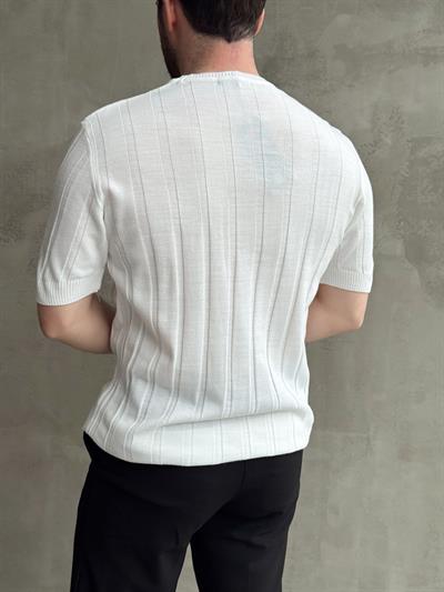 Erkek Yüksek Kalite Bisiklet Yaka Şerit Detaylı Oversize Kalıp Triko T-Shirt-Beyaz(E1613)