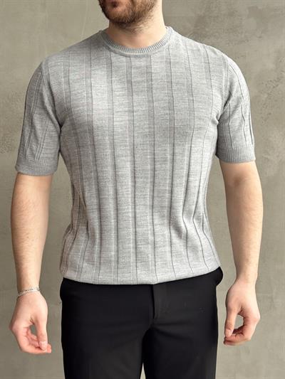 Erkek Yüksek Kalite Bisiklet Yaka Şerit Detaylı Oversize Kalıp Triko T-Shirt-Gri(E1613)