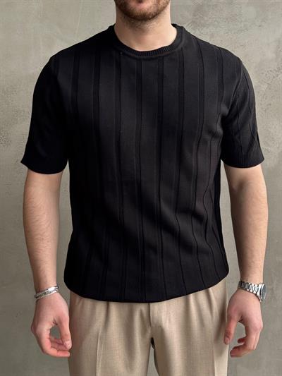 Erkek Yüksek Kalite Bisiklet Yaka Şerit Detaylı Oversize Kalıp Triko T-Shirt-Siyah(E1613)