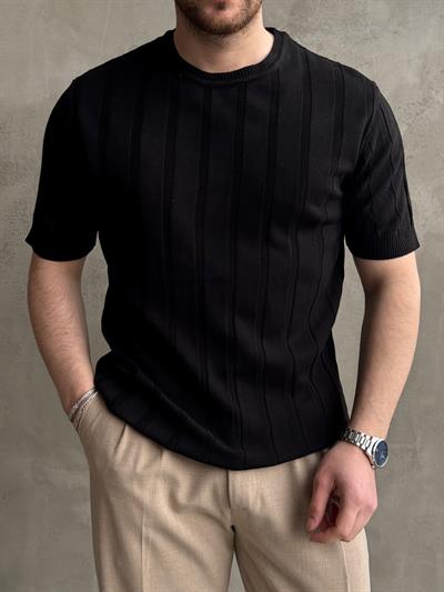 Erkek Yüksek Kalite Bisiklet Yaka Şerit Detaylı Oversize Kalıp Triko T-Shirt-Siyah(E1613)