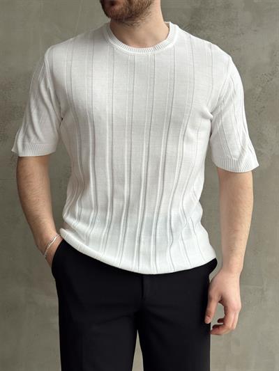 Erkek Yüksek Kalite Bisiklet Yaka Şerit Detaylı Oversize Kalıp Triko T-Shirt-Beyaz(E1613)