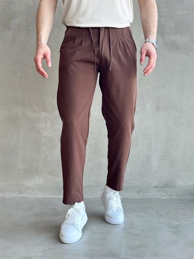 Erkek Yüksek Kalite Boyfriend Kalıp Beli Lastikli Bağcık Detaylı Keten Pantolon-Kahverengi(1631)