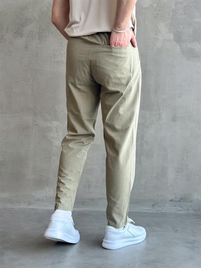 Erkek Yüksek Kalite Boyfriend Kalıp Beli Lastikli Bağcık Detaylı Keten Pantolon-Haki(1631)
