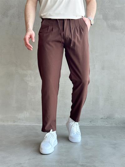 Erkek Yüksek Kalite Boyfriend Kalıp Beli Lastikli Bağcık Detaylı Keten Pantolon-Kahverengi(1631)