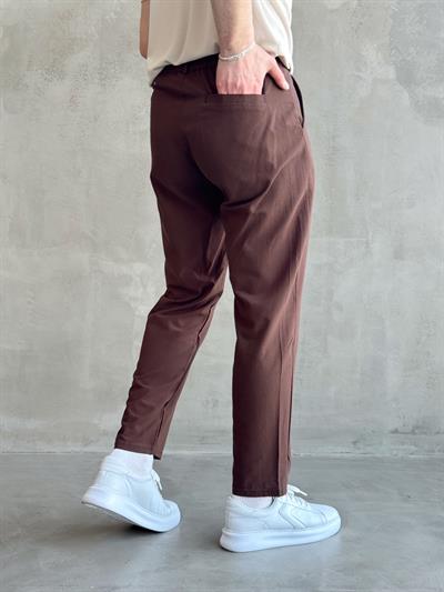 Erkek Yüksek Kalite Boyfriend Kalıp Beli Lastikli Bağcık Detaylı Keten Pantolon-Kahverengi(1631)